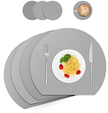 Tovagliette e sottobicchieri in pelle, lavabili, tovagliette rotonde, tovagliette da cucina, set da 4 (semicerchio, grigio)