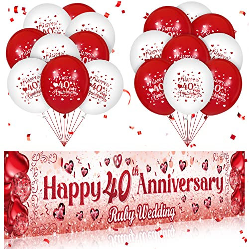 RUMIA 19 Pcs 40th Ruby Anniversary Decorations Set Include Happy 40th Anniversary Ruby Wedding Banner and 18 Pcs Happy 40th Anniversary Ruby Latex Balloons 40th Wedding Anniversary Party Decorations