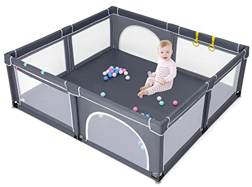 DREAMADE 206 X 185CM Laufstall Baby, Laufgitter Faltbar mit 50 Bällen & 4 Griffe, Schutzgitter mit 2 Türen, Krabbelgitter Indoor & Outdoor (Dunkelgrau, ohne Matratze)