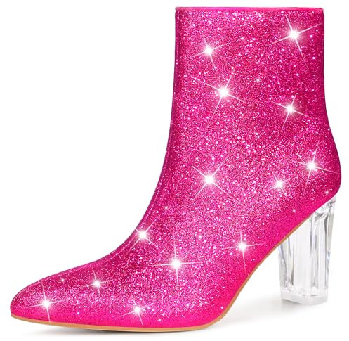Perphy Stivaletti da donna con tacco trasparente e glitter scintillanti, Rosa acceso, 40.5 EU