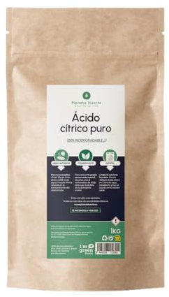 PLANETA HUERTO | Ácido Cítrico 1 Kg ECO Anhidro Puro - Ácido Cítrico 100% Biodegradable y Natural, Desincrustante, Abrillantador y Suavizante para Lavavajillas, Lavadora y Detergentes Caseros