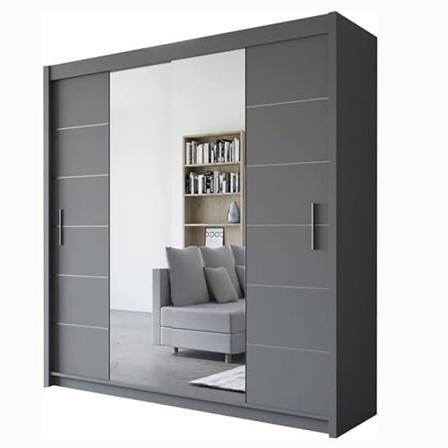 Sliding Double Door Wardrobe 2 Mirrors Hanging Rails Shelves Storage Cabinet Bedroom Furniture (Grey, 180cm)
