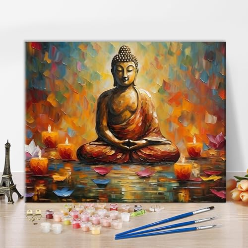 TISHIRON Buddha DIY Malen nach Zahlen Buntes Abstraktes Malen nach Zahlen für Erwachsene Kinder Anfänger Malen nach Zahlen auf Leinwand Statue mit Lotusblume und Kerze Ornament Ölmalerei Kits 16 x20