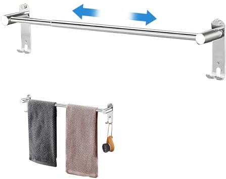 Wisebom Handtuchstange Edelstahl Ausziehbar 43–75cm, Handtuchhalter mit Haken Schrauben Kleber, Silber Wandmontage Badetuchhalter Handtuch Halterung für Badezimmer Küche