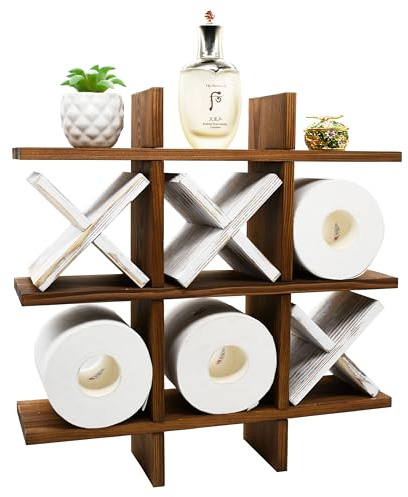 Owlgift Tic Tac Toe Toilet Paper Holder Rack Rustic Burnt Wooden Toilet Paper Storage Bathroom Hanging Storage Wall Mounted Shelves Décor for Toilet Tissue Farmhouse, TPH1003RBRTX