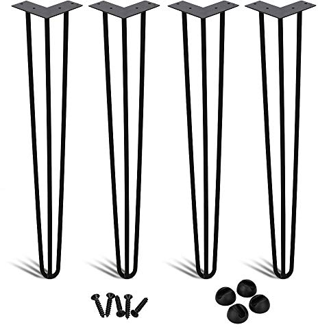 SWANEW Lot de 4 pieds de table en métal noir avec pieds à 3 barres - Pour bureau, table et table basse - Pieds de table en épingle à cheveux avec protections de sol et vis (40 cm)