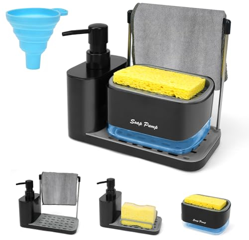 OSTWOLKE Spülmittelspender Set Schwarz Kunststoff Küche, Seifenspender mit Tablett & Schwammhalter &Trichter & Schwamm, Soap Dispenser Bathroom, Handseifenspender Geeignet für Küchenspüle(Ohne Lappen
