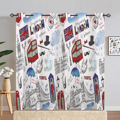 ANHOPE Vintage London Symbole Blickdichte Gardinen mit Ösen Thermo Vorhänge Weich Vorhang Blackout Curtain Wohnzimmer Schlafzimmer Verdunklungsvorhänge 2er Set H 213 x B 117 cm