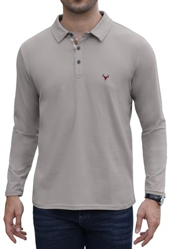 KUYIGO Mens Long Sleeve Polo Shirts for Men Adult Stag Emblem Contrasting Colors Golf Tennis Cotton T-Shirt,Grey M