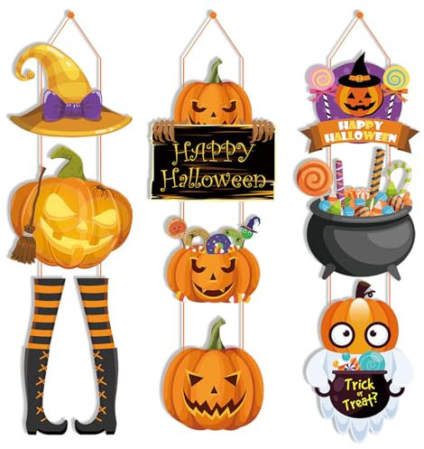 Decorazione da appendere alla porta di Halloween, riutilizzabile, fai da te, creativo, cappello da strega, zucca spettrale, decorazione per porta di Halloween, 3 pezzi per porta, parete, finestra