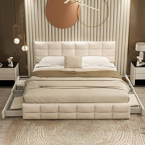 Ymkua Polsterbett 180x200, Doppelbett, Bett mit Stauraum, Stauraumbett mit 4 Schubladen, Bettgestell mit Lattenrost aus Holz, Jugendbett mit Verstellbares Kopftei, ohne Matratze (Beige)