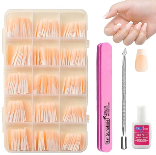 French Tip False Nails - 150Pcs Coffin Press on Nails - Fake Nails Nude Color French Tip False Nail Kit - Matte Full Cover Stick on Nails Ballerina Nail Art Manicure Decorations