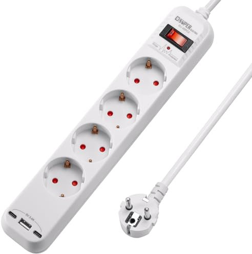 Super Electro 4-Fach Steckdosenleiste mit 3 USB, Steckerleiste mit Schalter, Mehrfachsteckdose mit Schalter und Kindersicherung, Steckerleiste 1.5m Kabel, 16A, 3680W