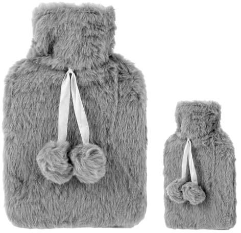 500ml Hot Water Bottle, Small Hot Water Bottle with Cover, Warm Water Bag with Luxury Cosy Faux Fur Cover 2-in-1 Water Bag for Cold & Hot Compress Mini Hot-Water Bag for Women Seniors (Grey)