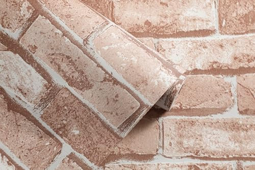 Vintage Brick Wall Industrial Feature Wallpaper, Light Red Faux 3D Effect Brick Stone Pattern Wall Paper, Non-Woven Retro Rustic Feature Decor for Living Room Beadroom Walls Adult, 53 cm x 9.5 m Roll