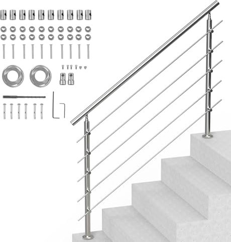 VEVOR Pasamanos de Escalera 150 cm Barandilla de Escalera para Escalones Exteriores de Acero Inoxidable 5 Travesaños con Kit de Instalación Barra de Agarre para Personas Mayores, Porche, Patio
