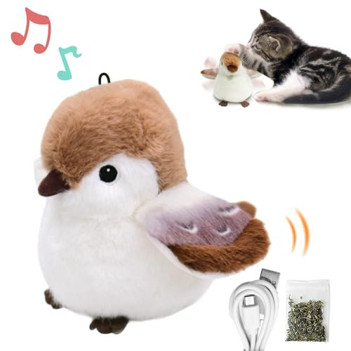 BuntyJoy Cat Toys, Flapping Wings Cute Sparrow, No Flying, Chirping Bird Interactive Catnip Toy for Kitten or Small Dogs, Touch Activated, Rechargable
