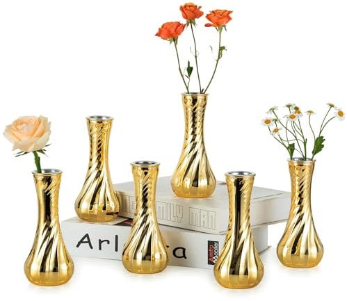 NUPTIO Florero de Cristal Dorado: 6 Piezas Floreros Pequeños para Centro de Mesa de Fiesta de Boda - Florero Acanalado Vintage para Decoraciones de Recepción de Cumpleaños en Casa