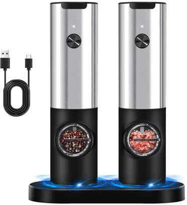Haomacro Salt and Pepper Grinder,2 Pcs Kitchen Stainless Steel Salt Grinder with Ceramic Grind and Adjustable Coarseness,USB Rechargeable Salt Mills,Led Light No Pepper or Salt Included