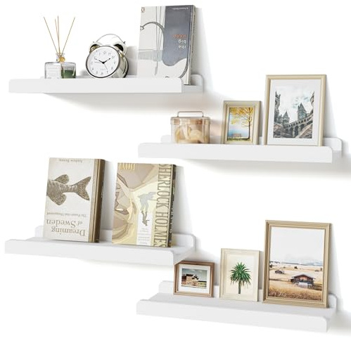 Love-KANKEI Floating Shelves, 40cm Wood Picture Ledge Display Racks | Wall Shelves Picture Shelves Book Hanging Shelf Set of 4 for Living Room Kitchen Bedroom Bathroom, Nursery Shelves(White)