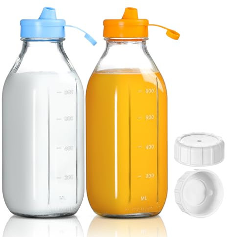 2 Pack Milk Bottle with 2 Dispenser Cap, 32 Oz Reusable Glass Bottles with 2 Airtight Lids, Breast Milk Pitcher, Juice Container for Refrigerator, Water Jug, Creamer, Buttermilk, Syrup, Honey