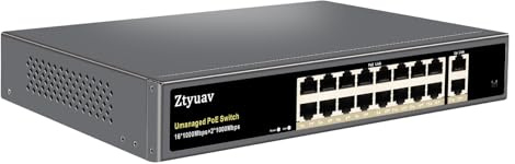 Gigabit LAN PoE-Schalter mit 18 Ports, Unverwalteter 16 PoE+-Ports Gigabit LAN mit 250 W, 2 Uplink-Ports, IEEE802.3af/at unterstützt 6 KV, Lichtschutz, VLAN-Modus (18)