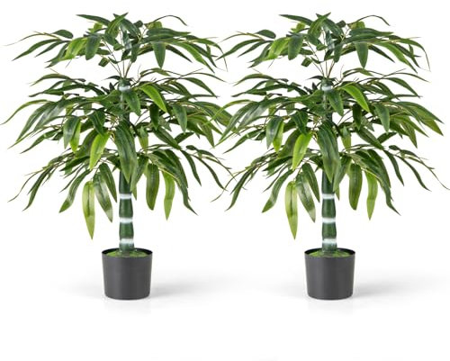COSTWAY 2 Pezzi Pianta Finta di Bambù 100 cm, Pianta Bamboo Artificiale in Vaso Decorazione in Casa e Ufficio, Pianta Finta in PE con 15 Rami da Interno ed Esterno