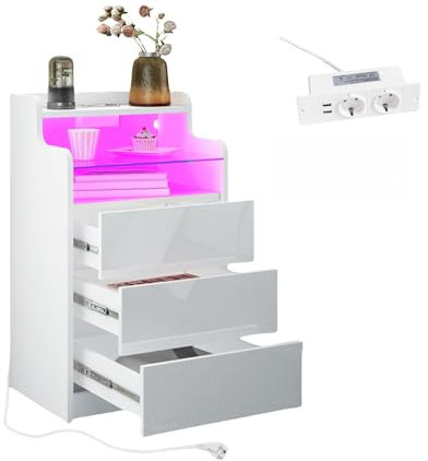 High Gloss Bedside Table Cabinet with LED Light & Charging Station, 3 Drawers Sofa Side Table with 2 Sockets & 2 USB Ports, Modern Nightstand with Compact Storage for Bedroom, Living Room (White)