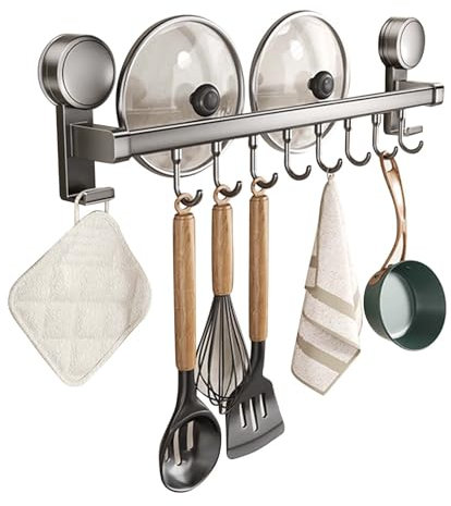 Marjoramy Barra Cocina Colgar Utensilios, 40 cm Soporte Utensilios Cocina, Barra Autoadhesiva de 8 Ganchos Desmontables, Colgador Utensilios Cocina, Organizador para Utensilios de Cocina (Gris)