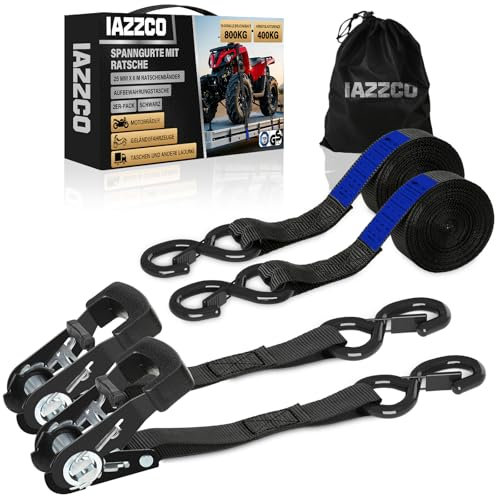IAZZCO 2 Stück Spanngurte mit Ratsche - 6M x 25MM Spanngurt mit S Haken TÜV/GS Zertifiziert mit Ratschengurte mit Nockenschnalle für Motorräder, Auto, Anhänger, Haushalt (Schwarz)