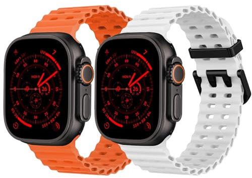 2 Pack Ocean Silicone Sport Strap - Compatible with Apple Watch Ultra 2/Ultra Strap 49mm 45mm 44mm for Men Women, Breathable Soft Waterproof Band for iWatch Ultra 2/Ultra Series 10 46mm SE/9/8/7/6/5
