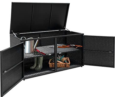 GOPLUS Coffre de Jardin Exterieur en Rotin PE avec 2 Étagères, Boîte de Rangement Exterieur avec Couvercle à Charnière et 2 Portes, Malle de Rangement avec Patins Antidérapant (Noir,115x60x65cm|335L)