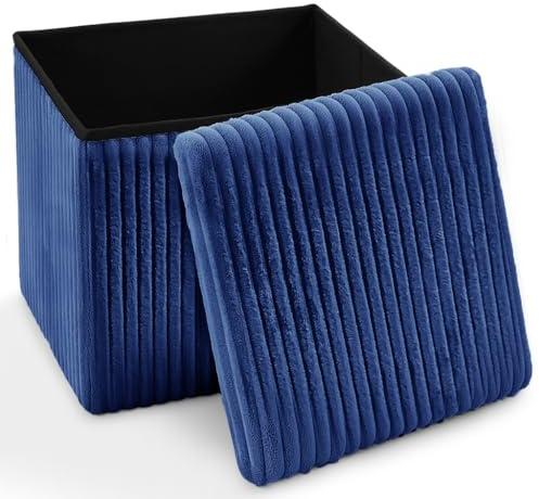 Home Republic Corduroy Ottoman Storage Box – Foldable Footstool with Lid – Soft Toy Chest Bench for Kids Room, Nursery, Bedroom or Living Room (Navy Blue, 38 x 38cms)