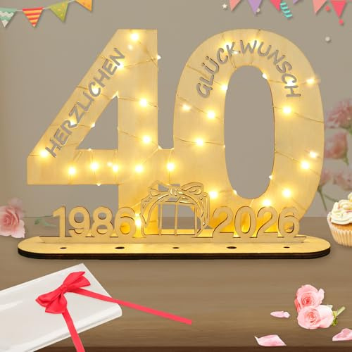 Seutgjie Originelle Geschenk 40 Geburtstag Frauen Männer 1986-2026, Deko 40 Jahre Geburtstag Jubiläum Rubinhochzeit, Geldgeschenke Geburtstag 40 Holz Schild mit LED Lichterkette Geschenkpapier
