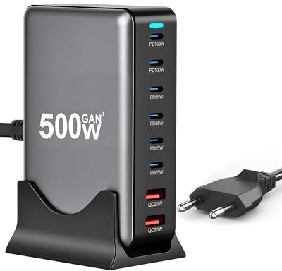 Ghekkli USB C Ladegerät 500W - GaN Schnellladegerät mit 8 Ports, USB C Netzteil für Laptop Tablet und Smartphone - 100W PD Desktop Netzteil Mehrfach kompatibel mit MacBook iPhone Galaxy