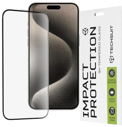 Techsuit Displayschutzfolie für iPhone 15 Pro Max Gehärtetes Glas mit 9H Härte, Vollständige Abdeckung, Stoßschutz, Oleophobe Beschichtung, Anti Fingerabdruck, Blasenfrei, 111D Full Glue