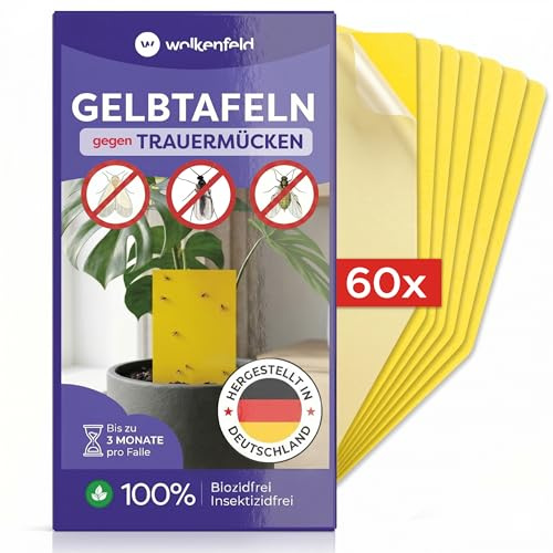 Wolkenfeld Gelbtafeln gegen Trauermücken 60 Stück – Doppelseitige Gelbsticker Trauermücken, ohne Chemie, bis zu 3 Monate wirksam – gegen kleine Fliegen für Zimmerpflanzen, Topfpflanzen & Gewächshaus