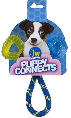 JW - Puppy Connects Teething Chew - Kauspielzeug für Welpen - Lindert Zahnschmerzen - 3 Verschiedene Aufsätze - Zahnring - Seil - Plastikball - Einheitsgröße für Welpen