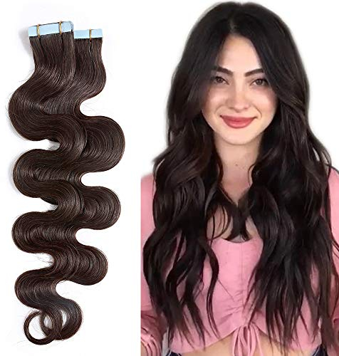 SEGO Tape Extensions Echthaar GEWELLT 16zoll/40cm 20 Stück Klebeband Haarverlängerung 100% Remy Haar 50G mit 10 PCS Ersetz-Tape Dunkelbraun#2