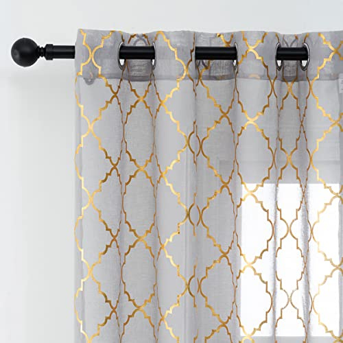 Kotile Durchsichtige Vorhänge mit Gittermuster, 244,6 cm Länge – Goldfolien-Druck, marokkanische durchsichtige für Schlafzimmer, graue Gittervorhänge Esszimmer, 132,2 x cm, 2 Paneele, grau