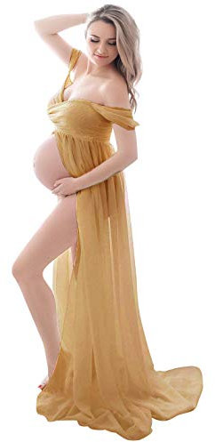 FEOYA-Maternite Dames Robes pour Photoshoot Traînant Longue Robe Femme Enceinte Robe Ete en Mousseline de Soie Hors Epaule Bretelles Avant Fendu Jupes Photographiques,L,Marron-Gingembre