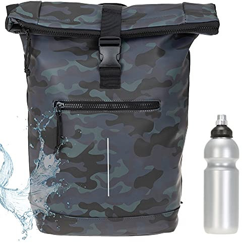 New Rebels Rucksack Plane Time Bag Kurierrucksack Roll-up Fahrradrucksack Sport Fitness + Flasche (Camo Blau 49)