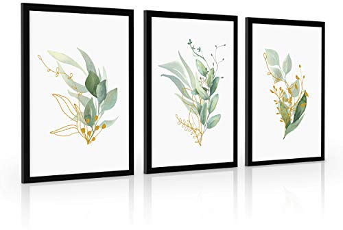 Estika Bilder set mit rahmen - Gold und Grün - Wählen größe (3x A2 oder 3x A3) und farbe des rahmens (4 Farben) - Moderne deko poster set, Wandbild wohnzimmer oder schlafzimmer