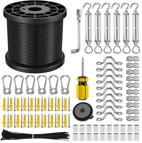 NEREUS String Light Hanging Kit with 200 Ft Vinyl Coated 304 Stainless Steel Cable, String Light Suspension Kit, Guide Wire with Turnbuckles and Hooks for Patio, Backyard Lighting Accessories