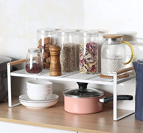 HGYZE Estantería de Cocina, Organizador de Encimera, 51x21x20CM Estante para Especias, de Pie, de Metal y Mango de Madera, Apilable, para Armario y Gabinete, Adecuado para Casa, Baño y Oficina, Blanco