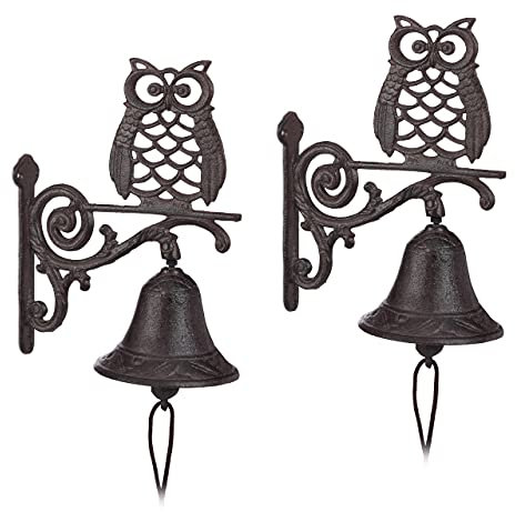 Relaxdays Set of 2 Cast Iron Door Bell Owl, Antique, Country House Style, Weatherproof Garden Decoration, Dark Brown