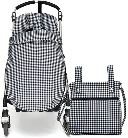 Conjunto Saco Silla de paseo Universal + Panera – Conjunto Saco Universal + Talega para silla de paseo – Vichy – Handmade – Nenel (Negro)