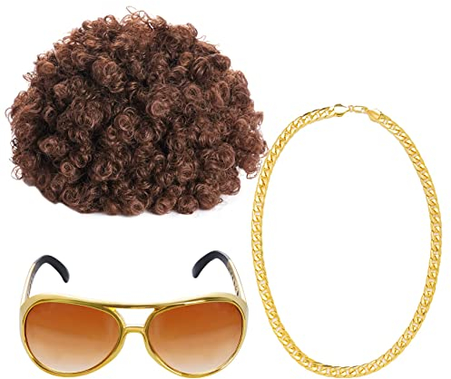 3er 70er 80er Jahre Perücke Disco Hippie Kostüm Set Afro Perücke Sonnenbrille Halskette für 50s/60s/70s Cosplay Halloween Kostüm Thema Party onesize