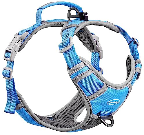 ThinkPet Anti Zug Hundegeschirr mit Griff - Verstellbar, Reflektierend, Atmungsaktiv, Gepolstert (M, Blau)