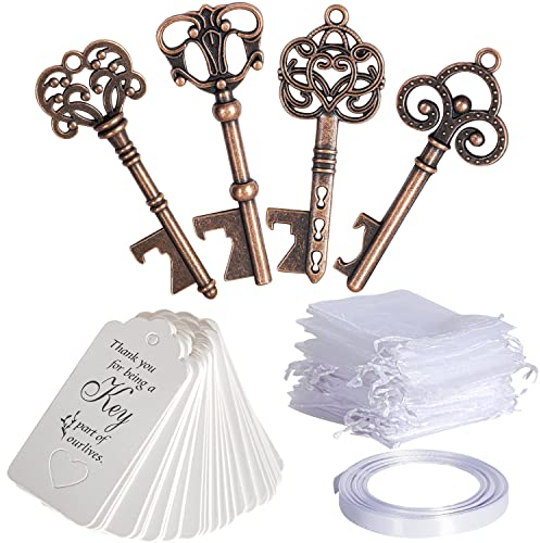 Lot de 40 décapsuleurs vintage en forme de clé avec étiquette de carte d'accompagnement, sacs en organza et ruban pour fête de mariage, décoration rustique, cuivre